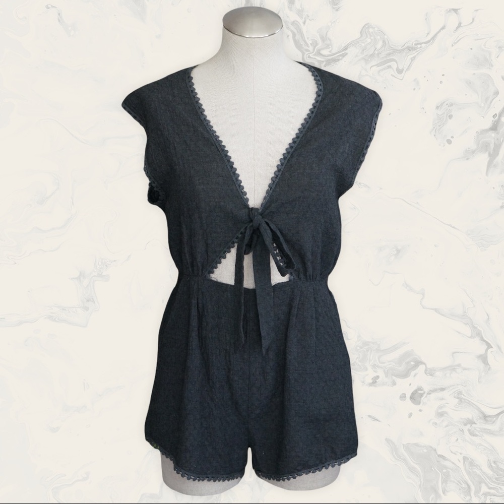 Grey Tie Front Romper Jumpsuit